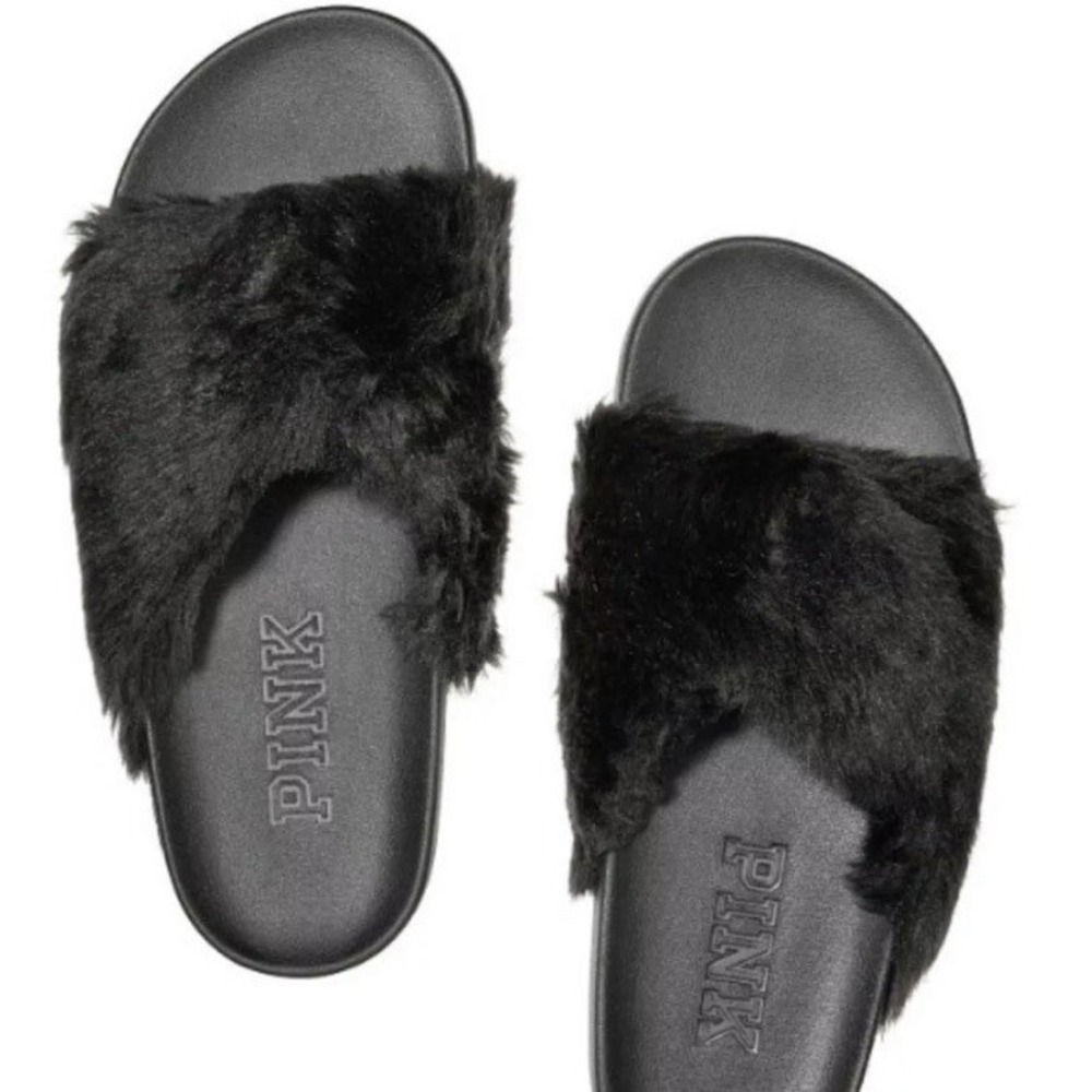Victorias Secret PINK Faux Fur Criss Cross Slide Sandals Womens Small 5-6 Black